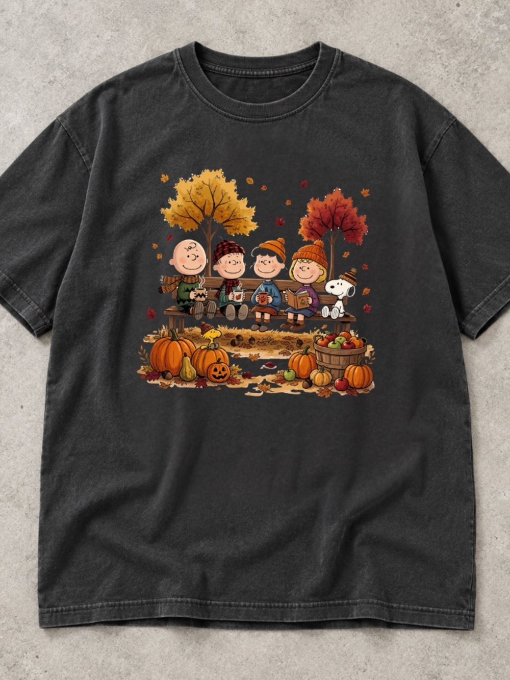 Peanuts Snoopy Charlie Brown Fall Autumn Leaves Bench Coffee T-Shirt